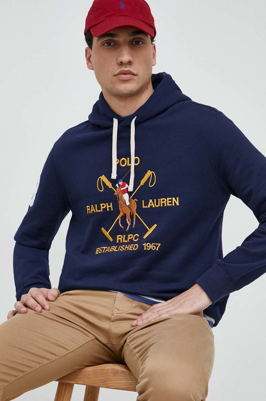 

Кофта Polo Ralph Lauren мужская цвет синий с капюшоном с аппликацией