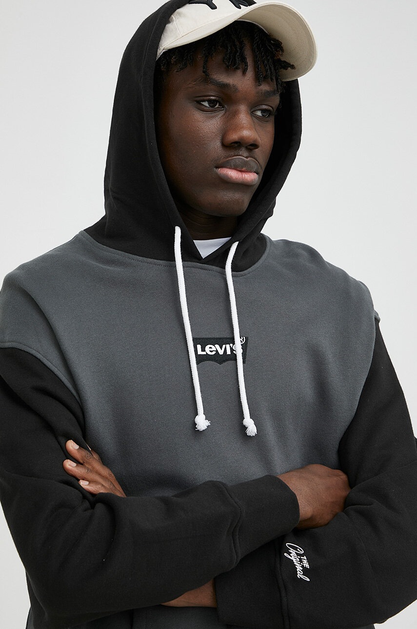 

Памучен суичър Levi's В сиво с качулка с десен, Сив