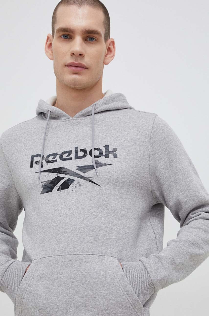 Levně Mikina Reebok pánská, šedá barva, s kapucí, vzorovaná