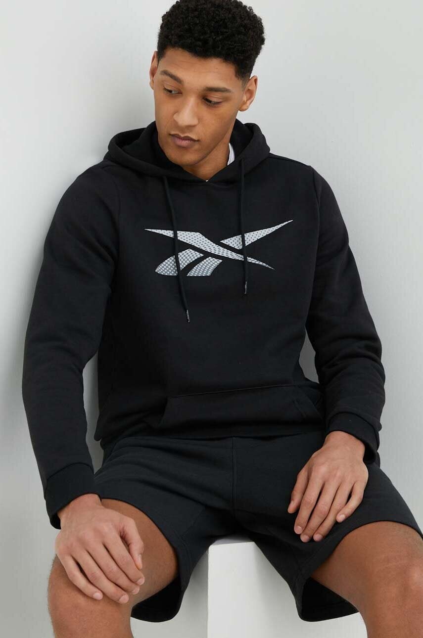 

Кофта Reebok мужская цвет чёрный с капюшоном с принтом