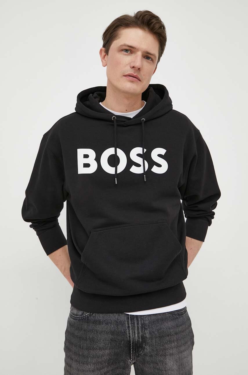 Boss Hanorac De Bumbac Boss Orange Barbati, Culoarea Negru, Cu Gluga, Cu Imprimeu