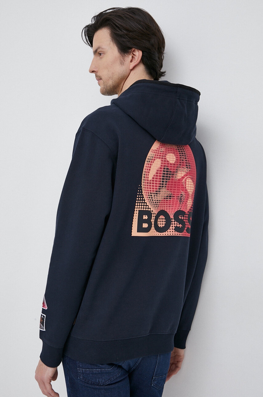 BOSS bluza BOSS ORANGE barbati, culoarea albastru marin, cu glugă, cu imprimeu