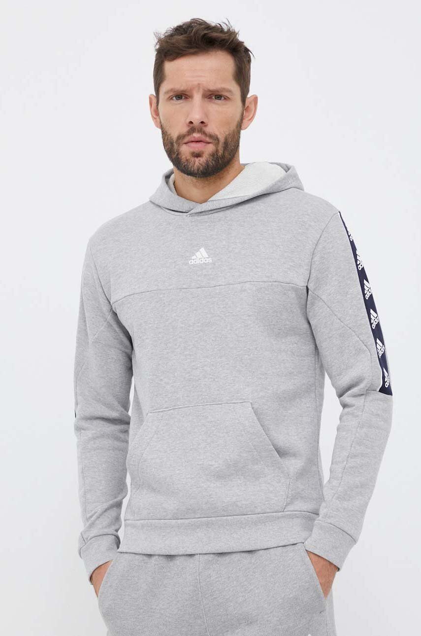 E-shop Bavlněná mikina adidas pánská, šedá barva, s kapucí, s potiskem