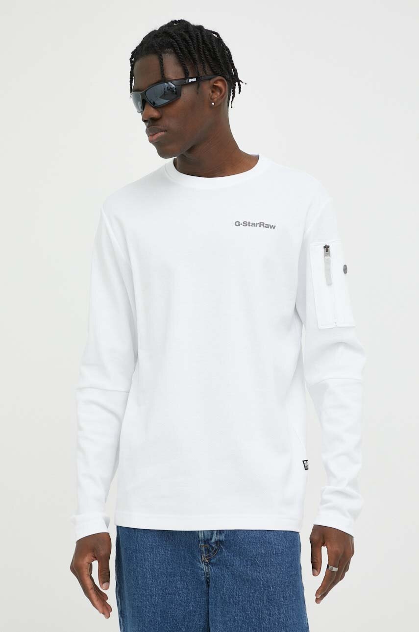 G-Star Raw longsleeve din bumbac culoarea alb, neted