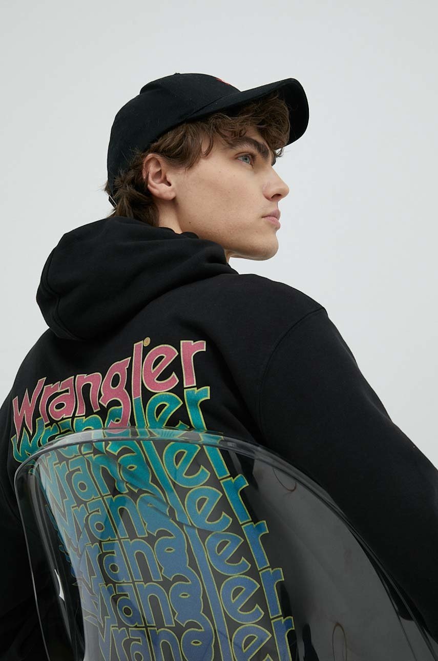

Хлопковая кофта Wrangler мужская цвет чёрный с капюшоном с принтом