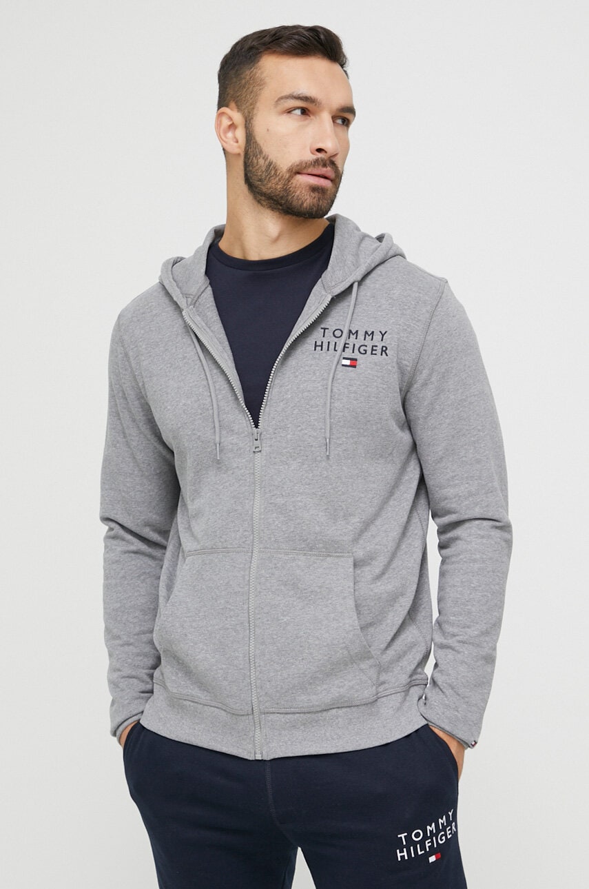 Mikina Tommy Hilfiger šedá barva, s kapucí, s potiskem, UM0UM02879