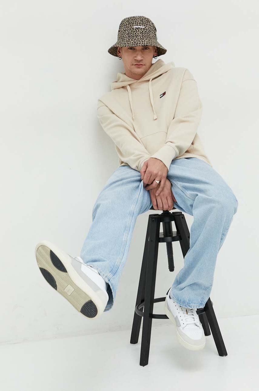 Bavlněná mikina Tommy Jeans pánská, béžová barva, s kapucí, s aplikací - béžová -  100 % Bavlna