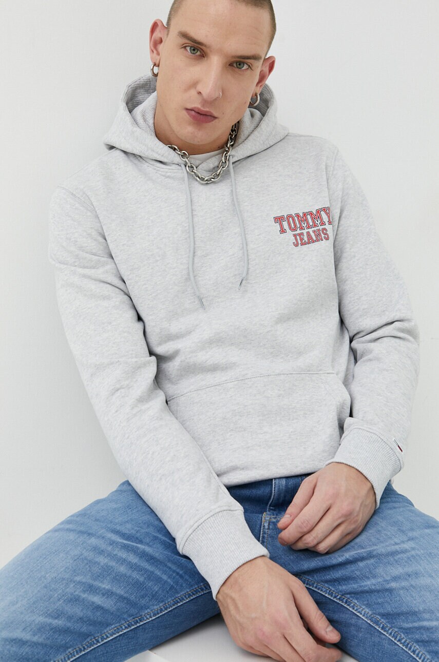 Tommy jeans hanorac de bumbac barbati, culoarea gri, cu glugă, cu imprimeu