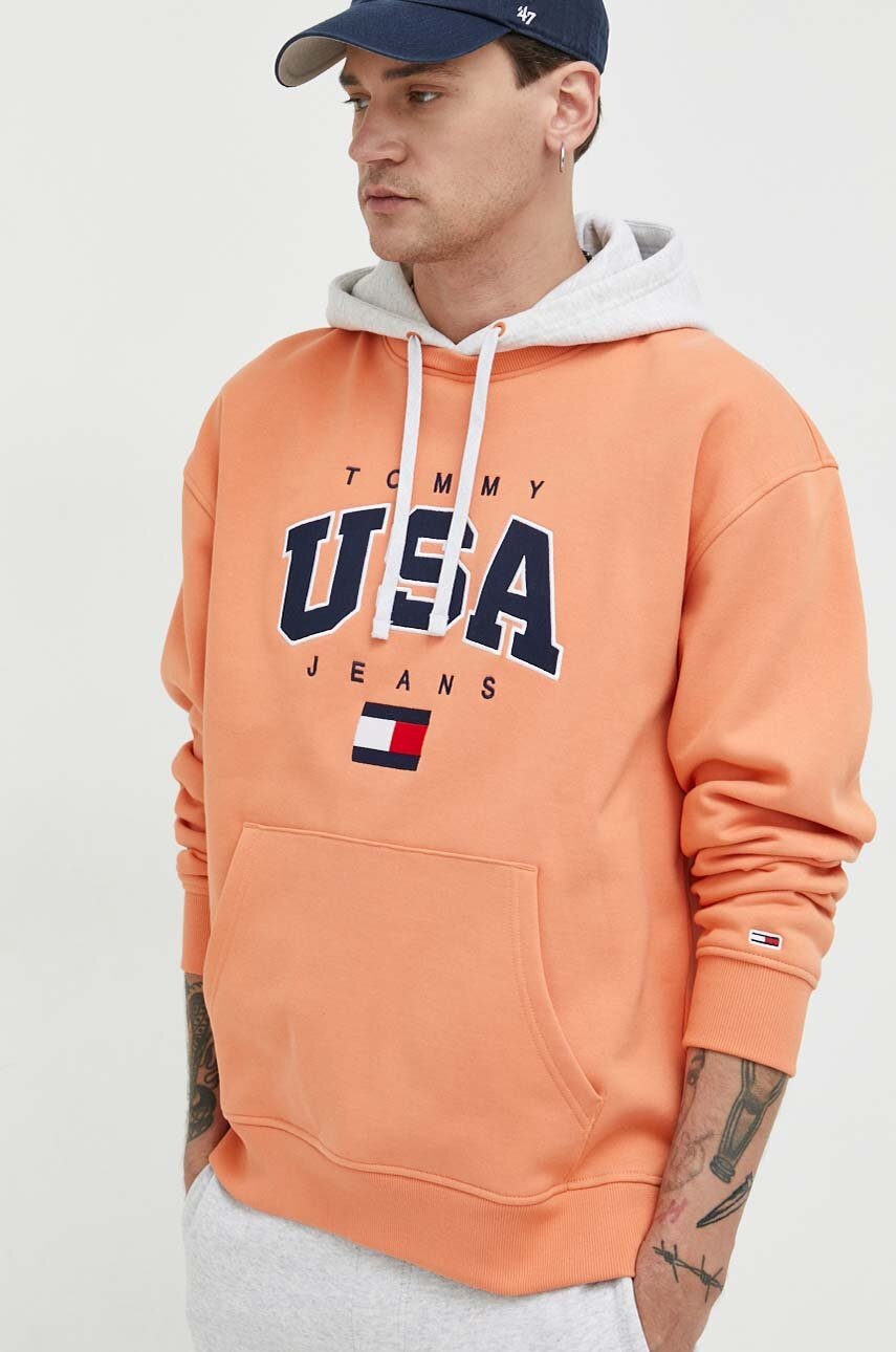 

Кофта Tommy Jeans мужская цвет оранжевый с капюшоном с аппликацией