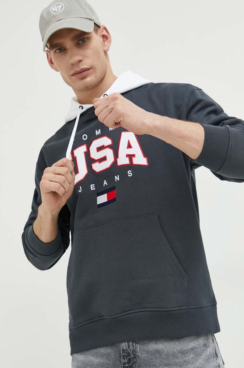 

Кофта Tommy Jeans чоловіча колір сірий з капюшоном з аплікацією