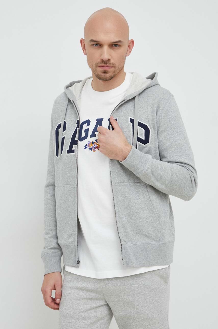 GAP bluza barbati, culoarea gri, cu glugă, cu imprimeu