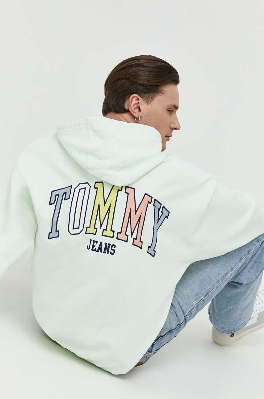 

Бавовняна кофта Tommy Jeans чоловіча колір зелений з капюшоном однотонна