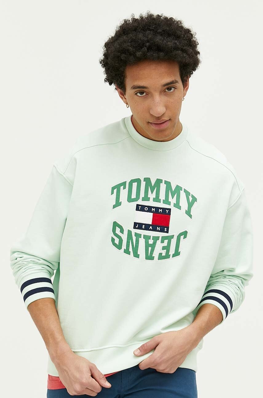 Tommy Jeans Hanorac De Bumbac Barbati, Culoarea Verde, Cu Imprimeu