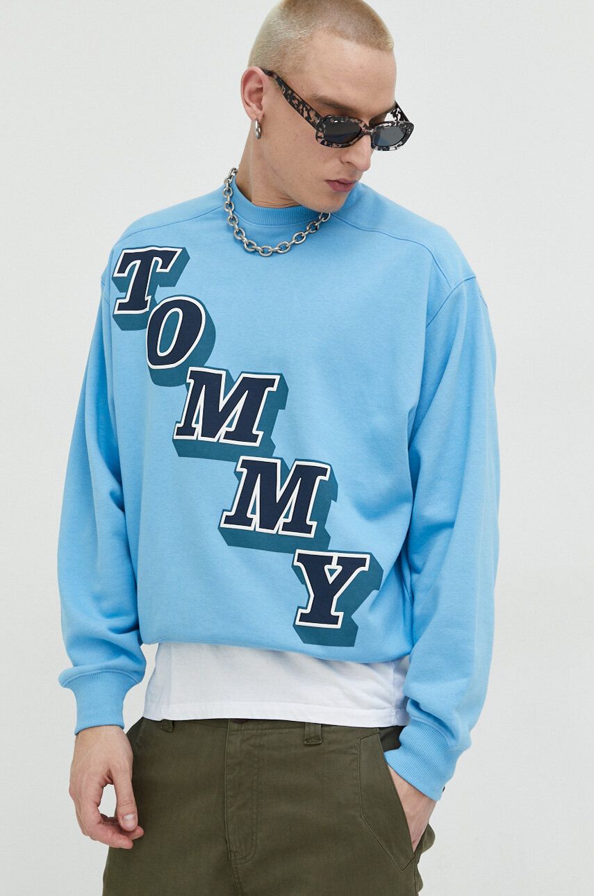 Mikina Tommy Jeans pánská, s potiskem - modrá -  Hlavní materiál: 89 % Bavlna