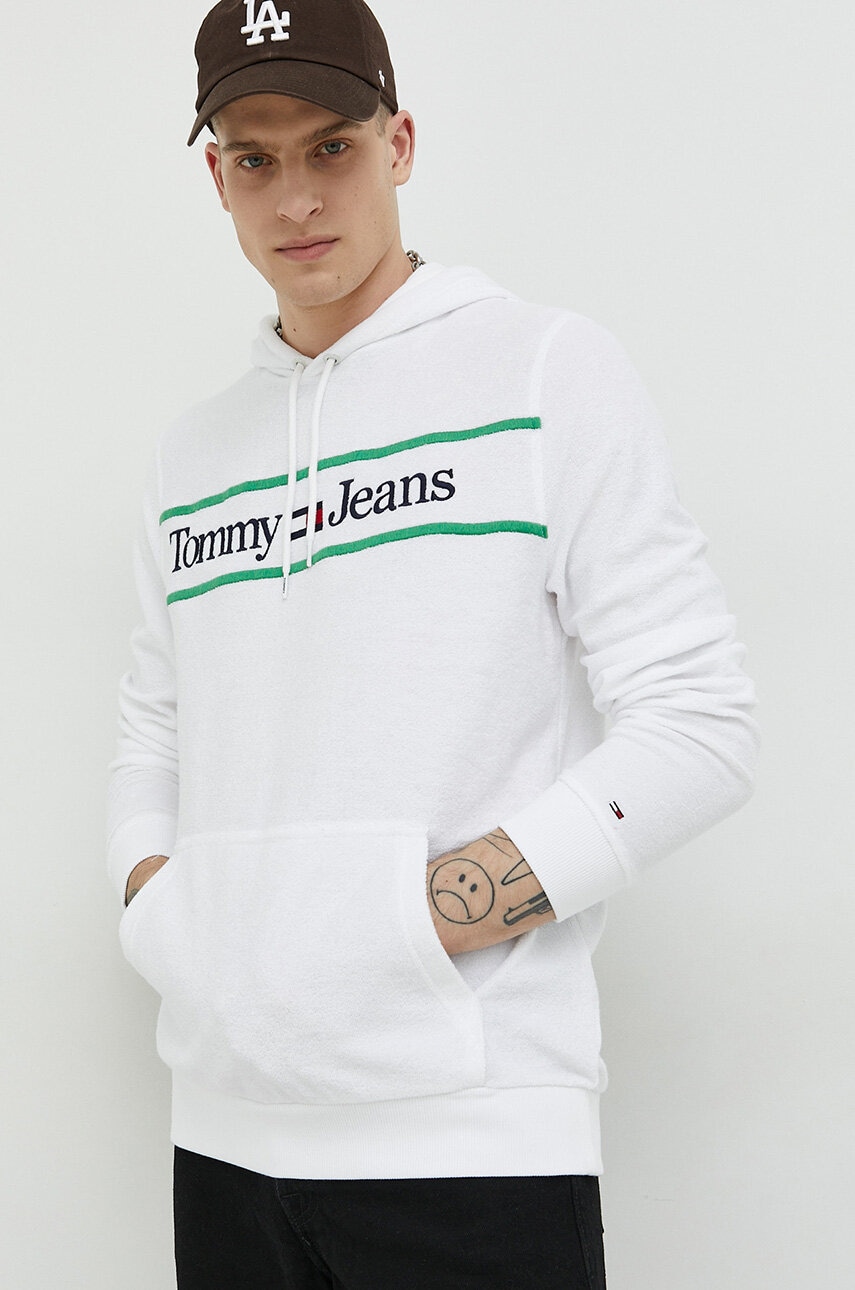 Tommy Jeans Bluza Barbati, Culoarea Alb, Cu Gluga, Cu Imprimeu