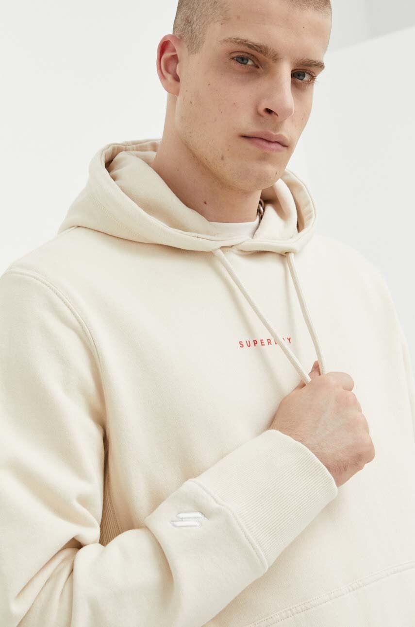 

Памучен суичър Superdry в бежово с качулка с принт, Бежов