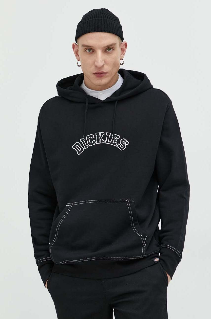 

Хлопковая кофта Dickies мужская цвет чёрный с капюшоном с аппликацией