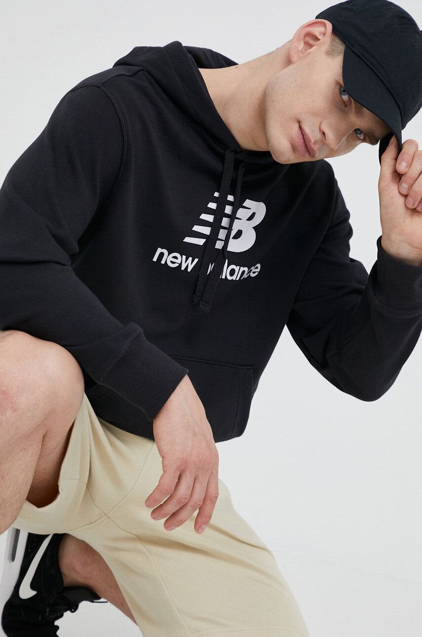 E-shop Mikina New Balance pánská, černá barva, s kapucí, s potiskem, MT31537BK-7BK