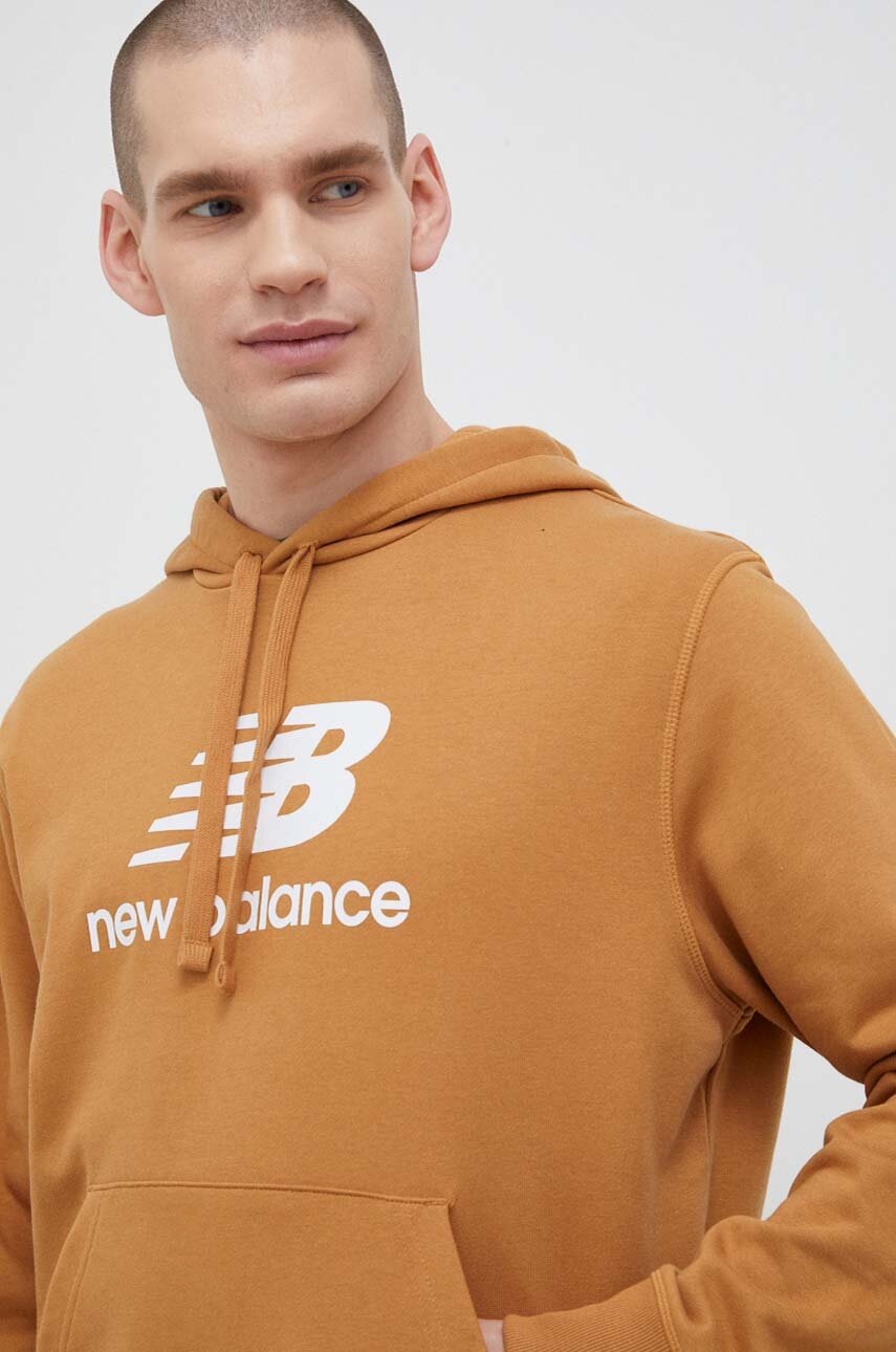 Levně Mikina New Balance pánská, hnědá barva, s kapucí, vzorovaná, MT31537TOB-TOB