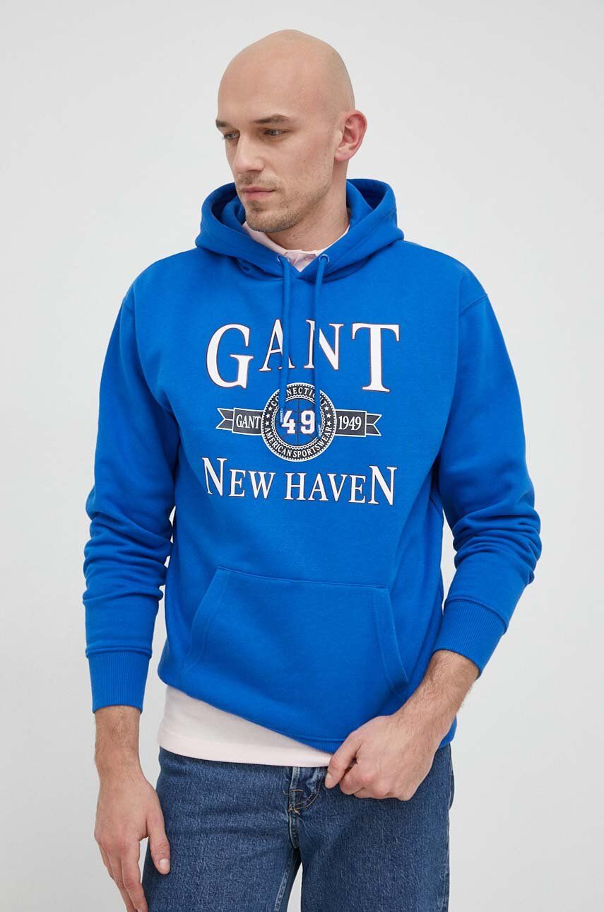 Mikina Gant pánská, s kapucí, s potiskem - modrá -  78 % Bavlna