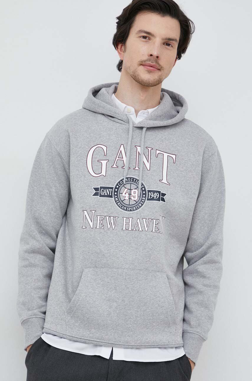 Mikina Gant pánská, šedá barva, s kapucí, s potiskem - šedá -  78 % Bavlna