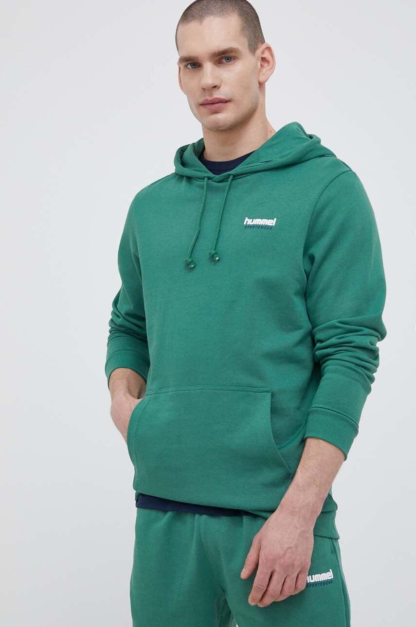 Hummel hanorac de bumbac barbati, culoarea verde, cu glugă, cu imprimeu