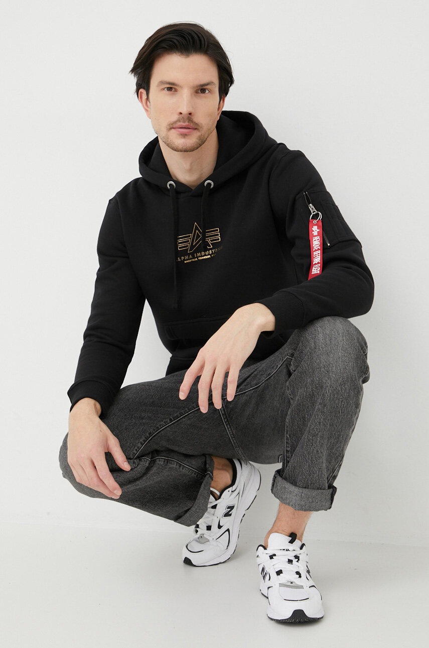 

Кофта Alpha Industries чоловіча колір чорний з капюшоном з принтом