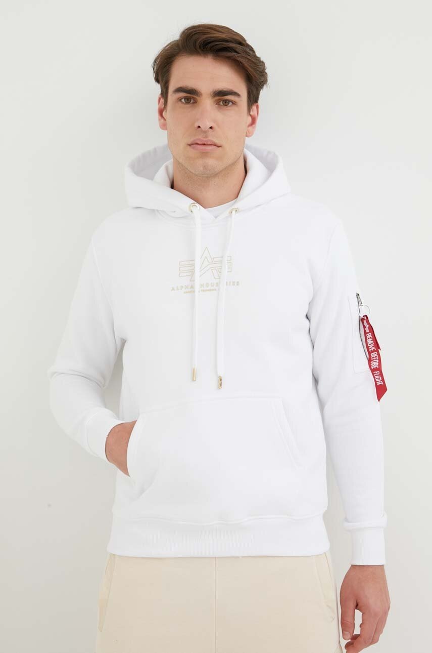 

Кофта Alpha Industries чоловіча колір білий з капюшоном з принтом