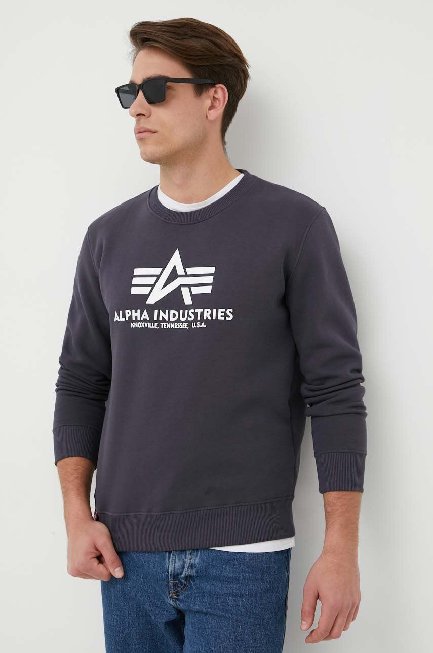 Mikina Alpha Industries Basic Sweater pánská, tmavomodrá barva, s potiskem, 178302.02 - námořnická m
