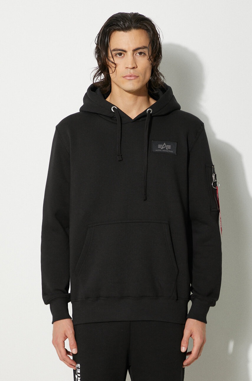 Alpha Industries bluză bărbați, culoarea negru, cu glugă, cu imprimeu