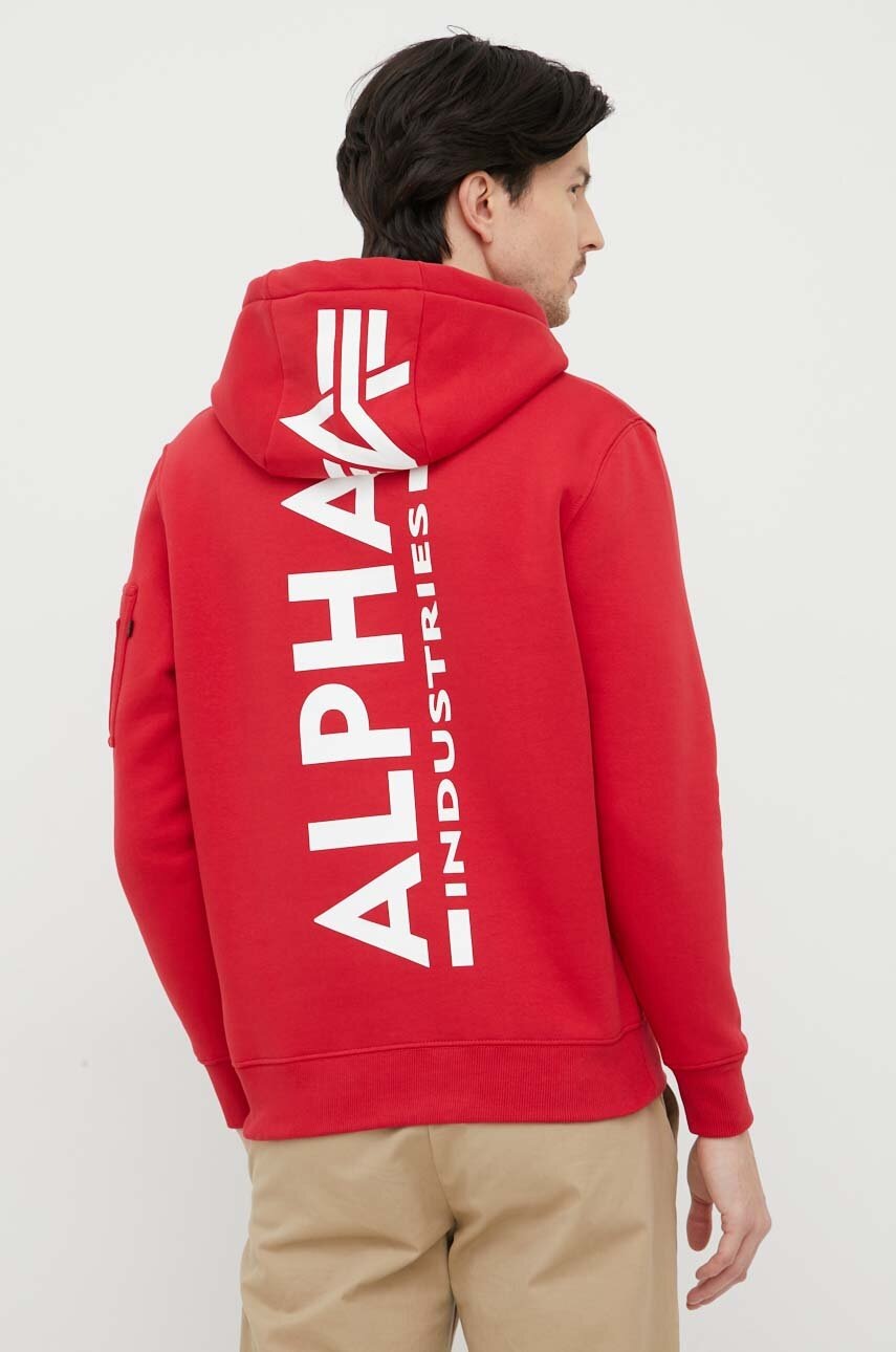 

Кофта Alpha Industries чоловіча колір червоний з капюшоном з принтом