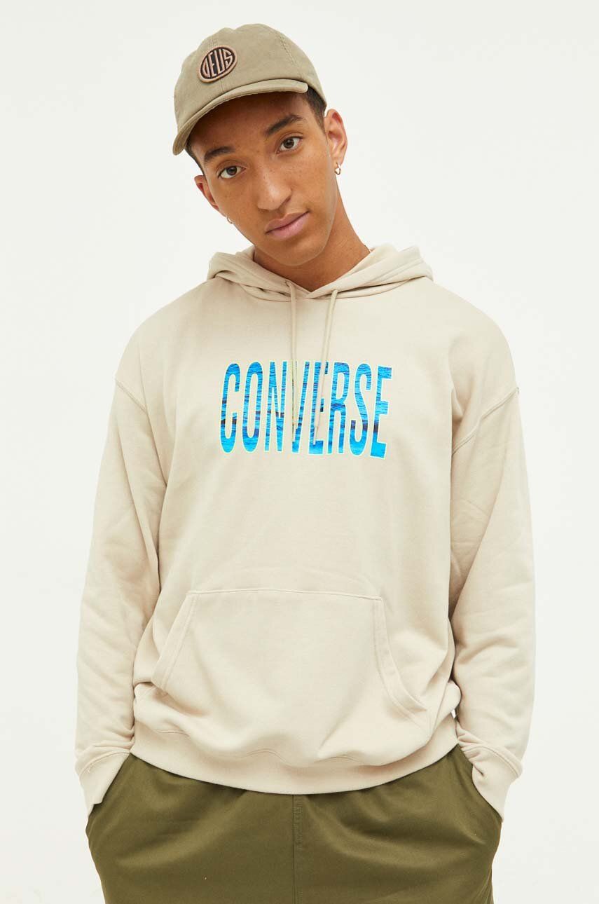 E-shop Mikina Converse pánská, béžová barva, s kapucí, s potiskem