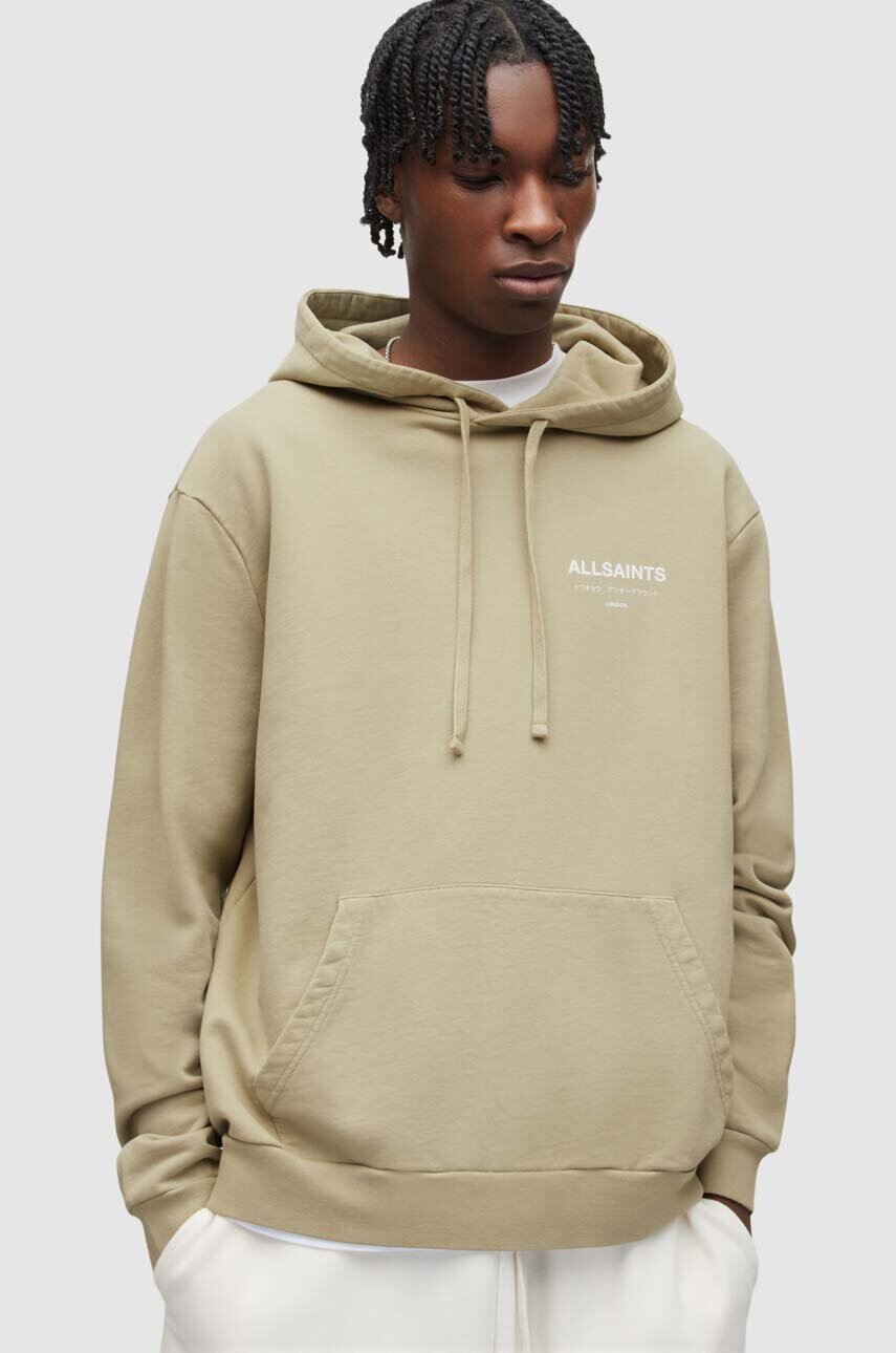 

Хлопковая кофта AllSaints мужская цвет зелёный с капюшоном с принтом