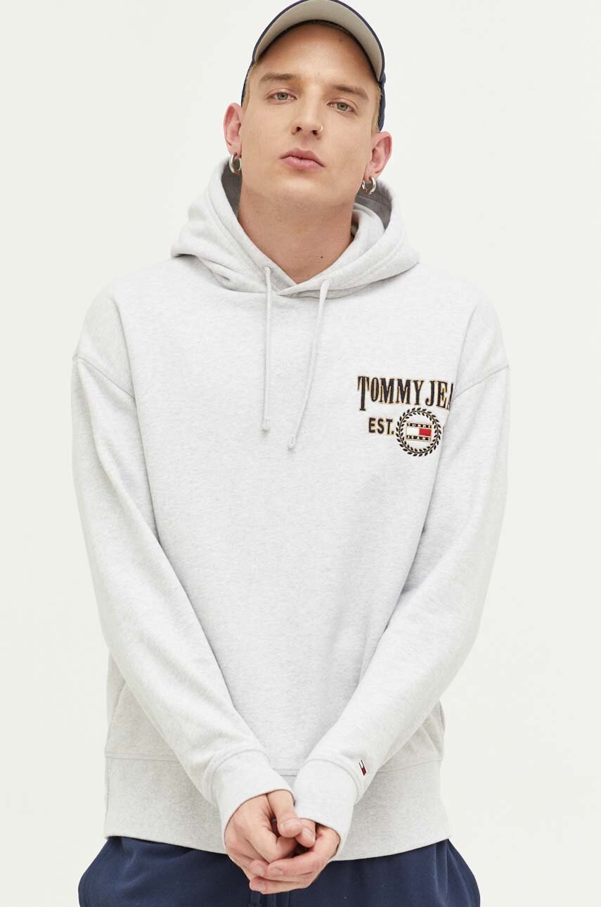 

Хлопковая кофта Tommy Jeans мужская цвет серый с капюшоном меланж