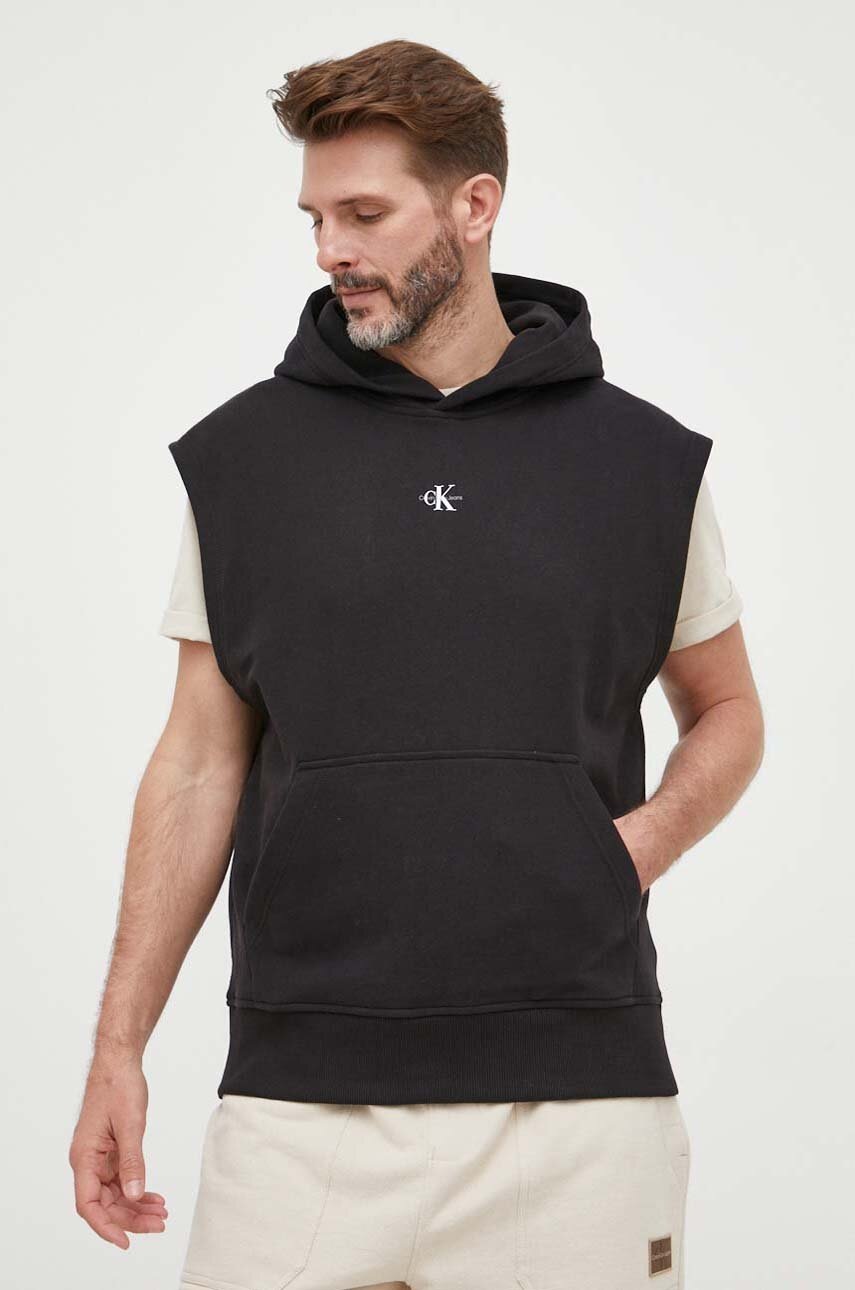 

Памучен елек Calvin Klein Jeans в черно с качулка с изчистен дизайн, Черен