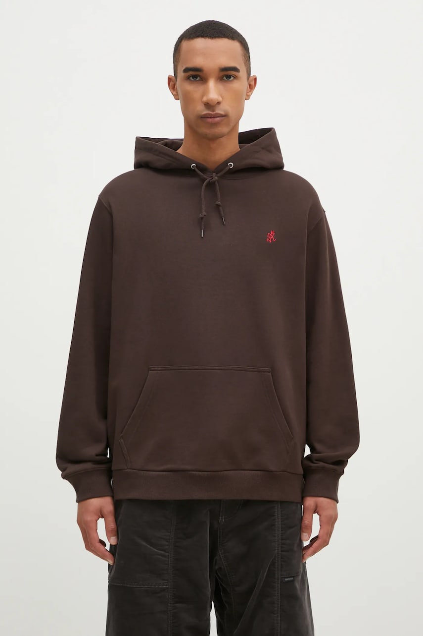 Gramicci hanorac de bumbac One Point Hooded Sweatshirt barbati, culoarea maro, cu glugă, neted Gramicci hanorac de bumbac One Point Hooded Sweatshirt barbati, culoarea maro, cu glugă, neted