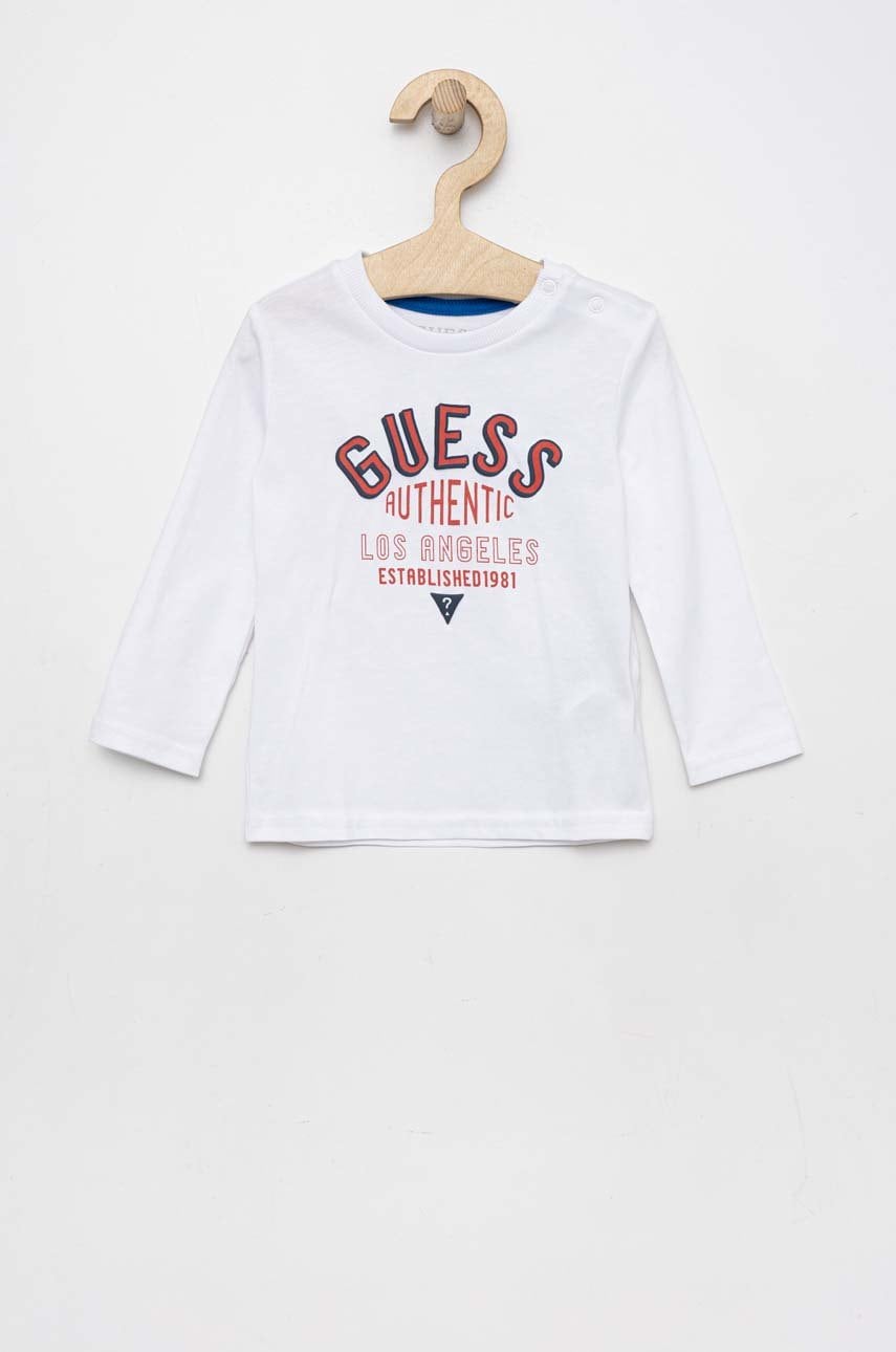 

Бебешка памучна блуза с дълъг ръкав Guess в бяло с десен, Бял