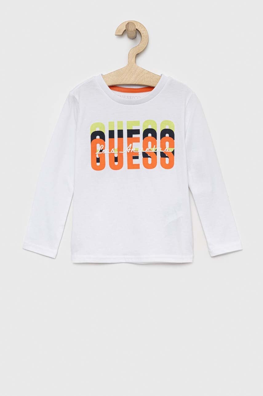 

Дитячий бавовняний лонгслів Guess колір білий з принтом