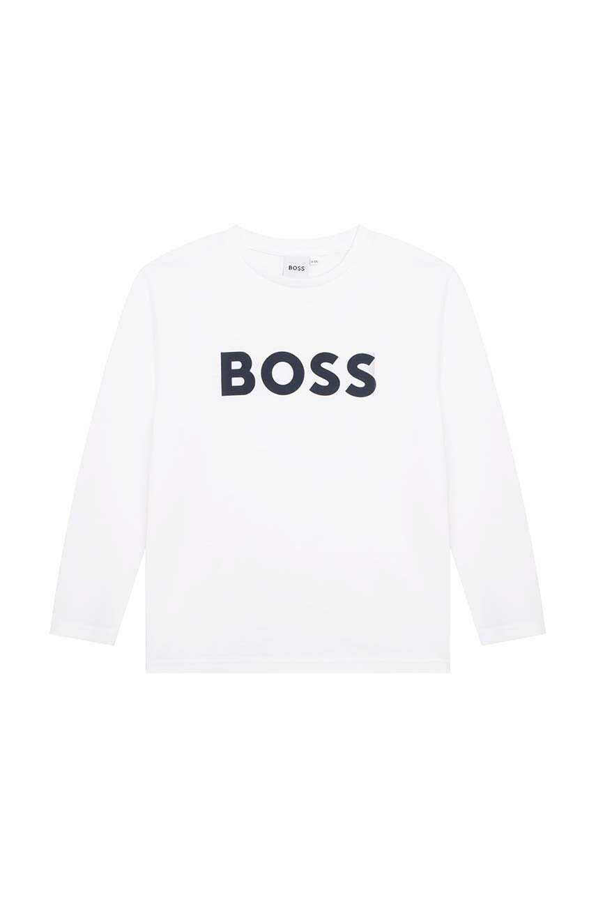 Levně Dětské bavlněné tričko s dlouhým rukávem BOSS bílá barva, s potiskem