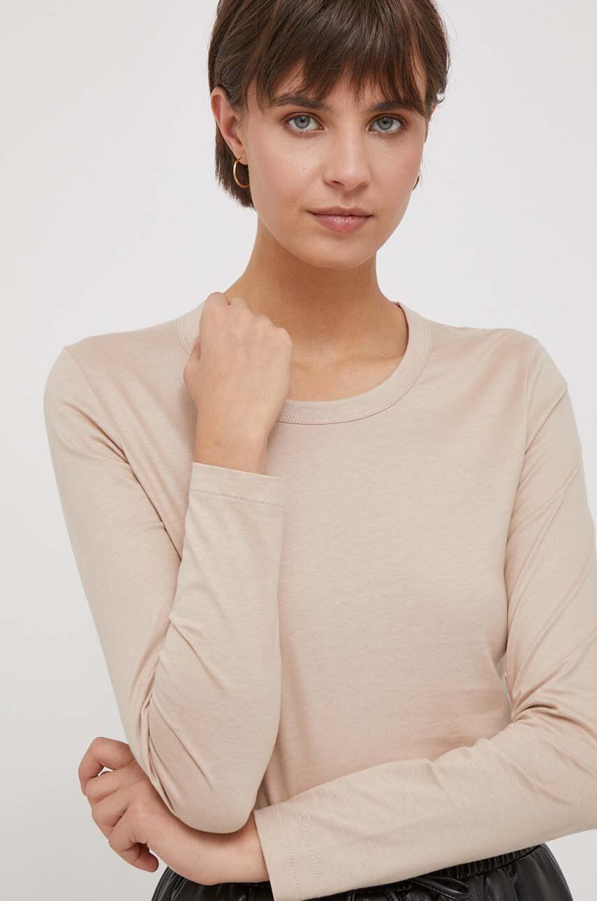 Bavlněné tričko s dlouhým rukávem Calvin Klein béžová barva - béžová