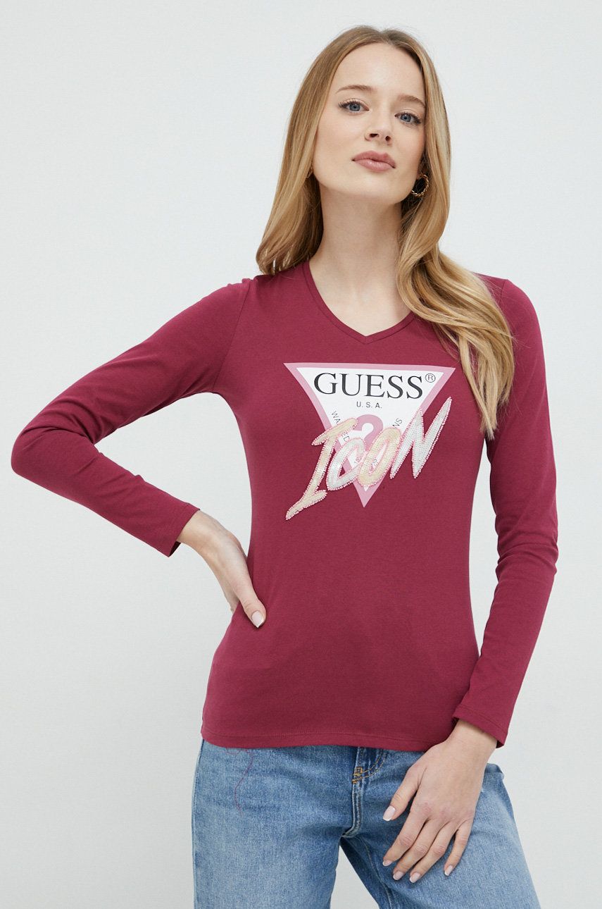 Bavlněné tričko s dlouhým rukávem Guess vínová barva