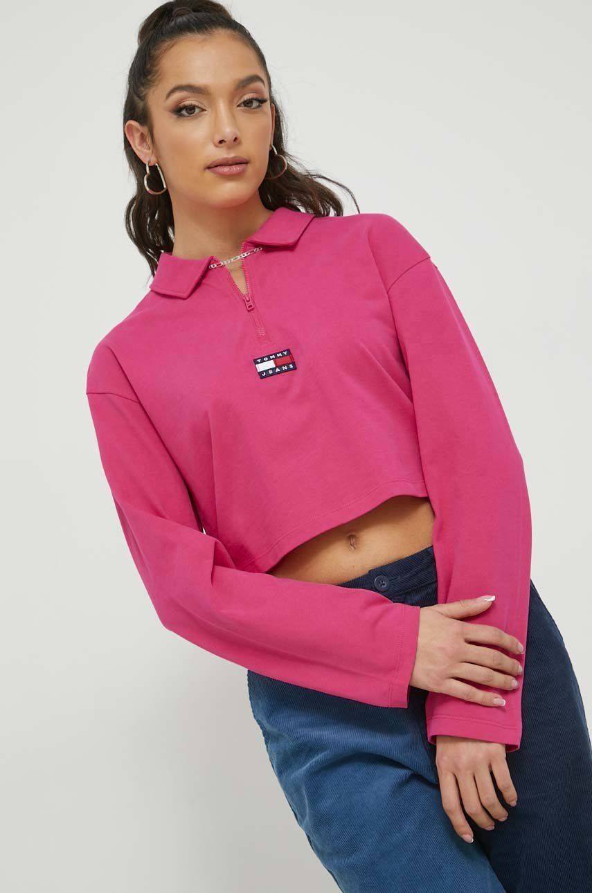 Bavlněné tričko s dlouhým rukávem Tommy Jeans růžová barva, s límečkem - růžová -  100% Bavlna