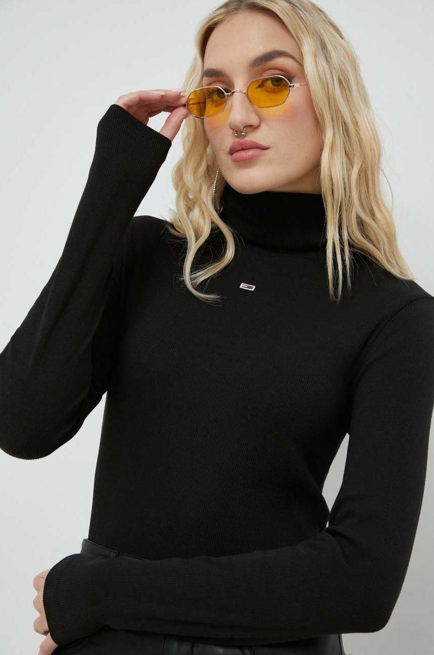 

Блуза с дълги ръкави Tommy Jeans в черно с поло, Черен