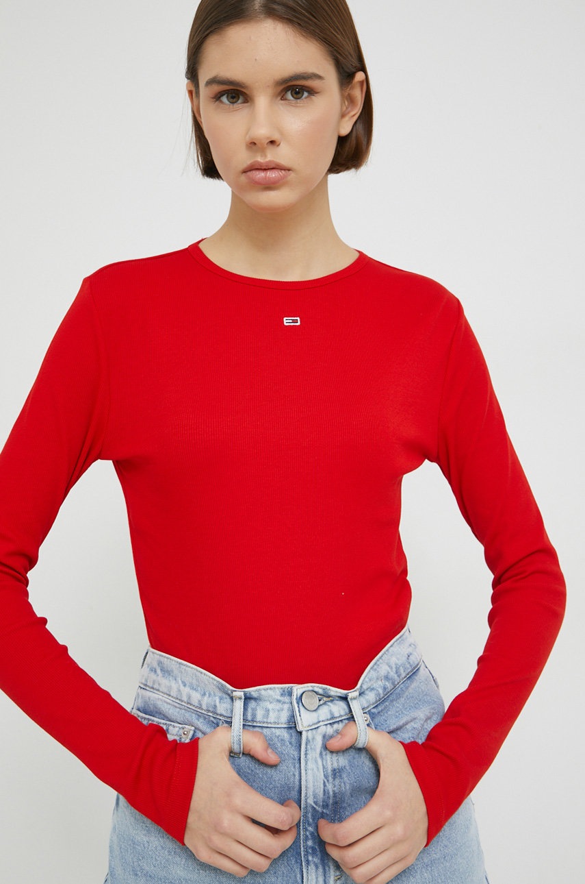 Tommy Jeans longsleeve femei, culoarea rosu