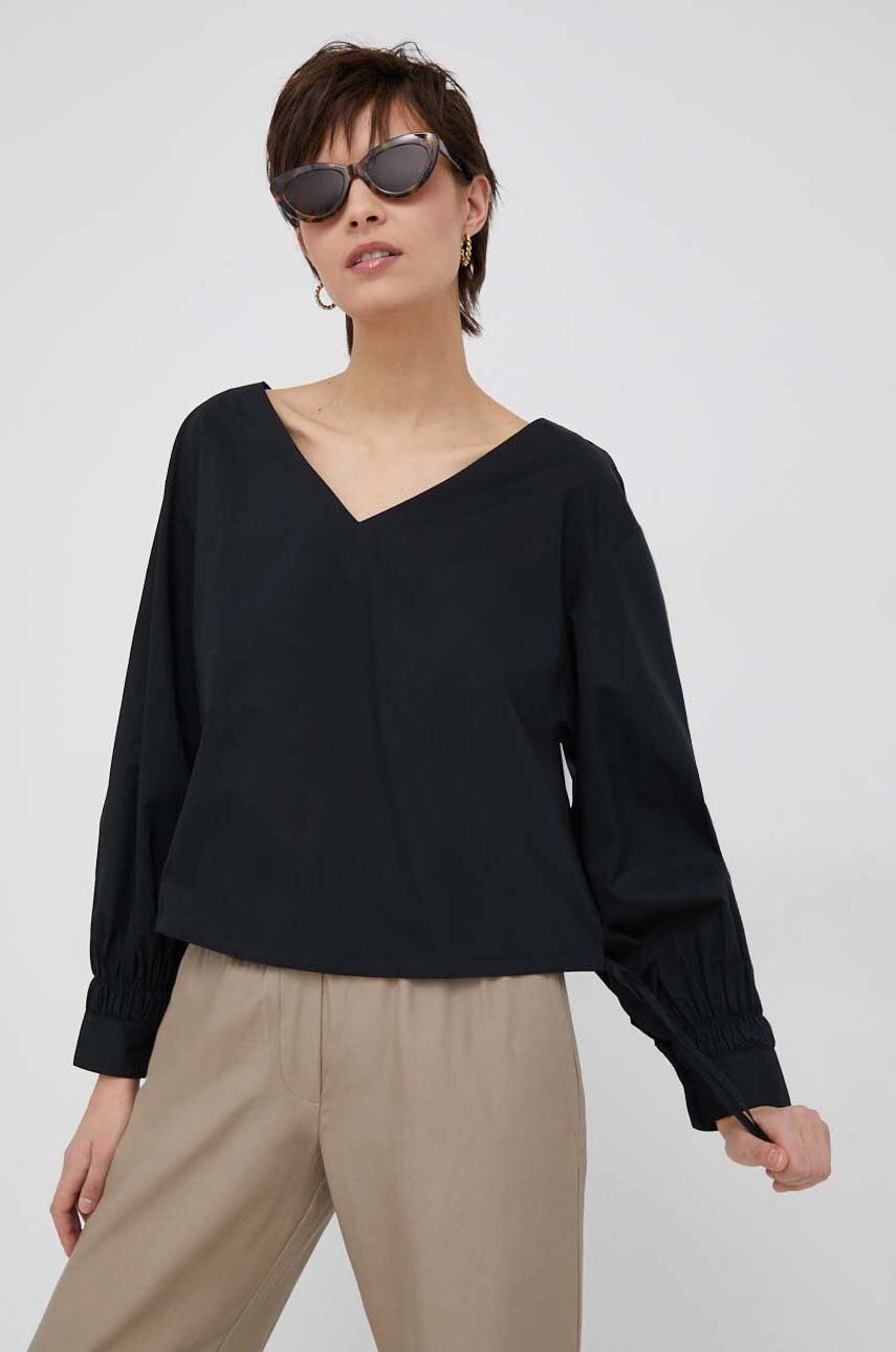 Sisley bluza din bumbac femei, culoarea negru, neted