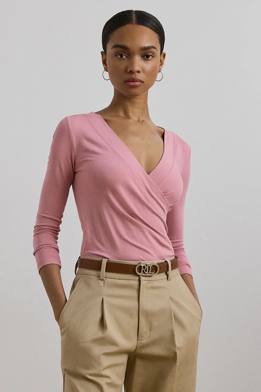 Levně Tričko s dlouhým rukávem Lauren Ralph Lauren růžová barva, 200824366