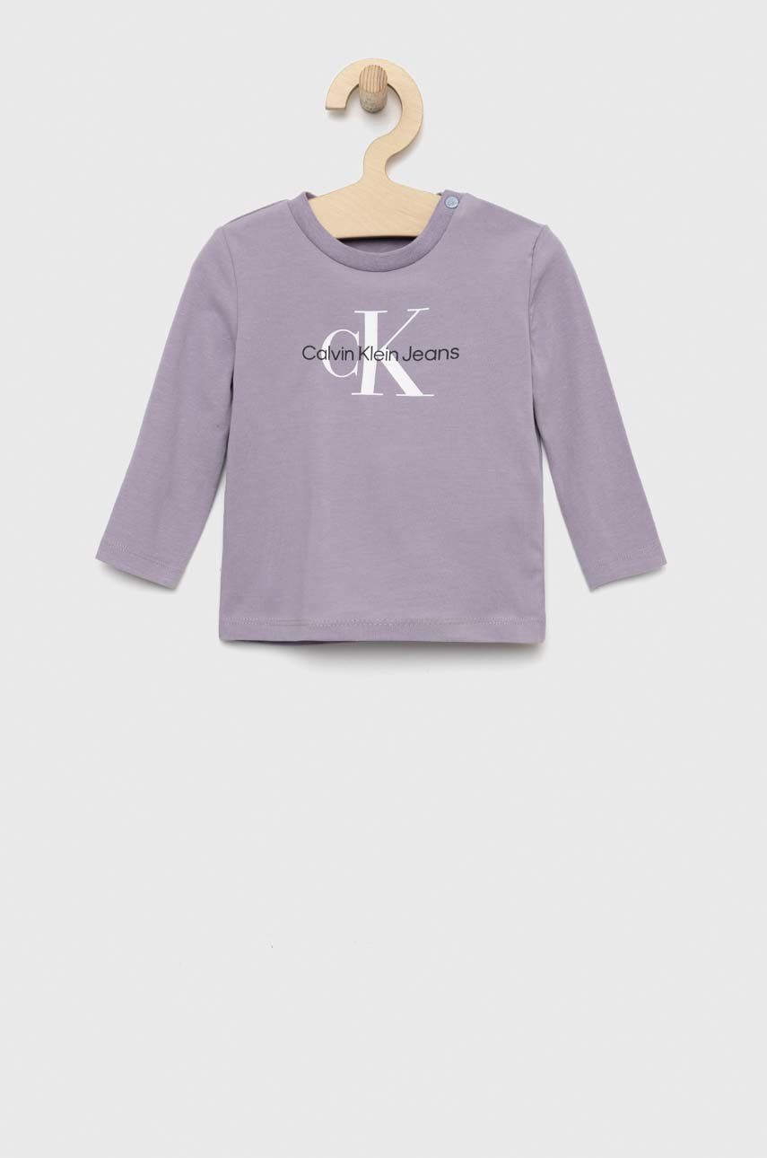 Dětské tričko s dlouhým rukávem Calvin Klein Jeans fialová barva, s potiskem