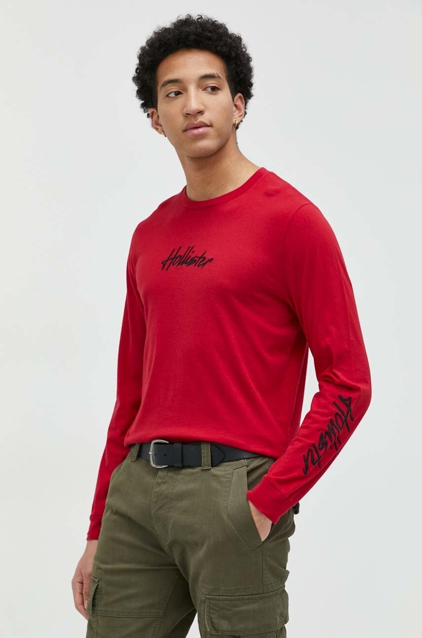 Hollister co. longsleeve din bumbac culoarea rosu, cu imprimeu