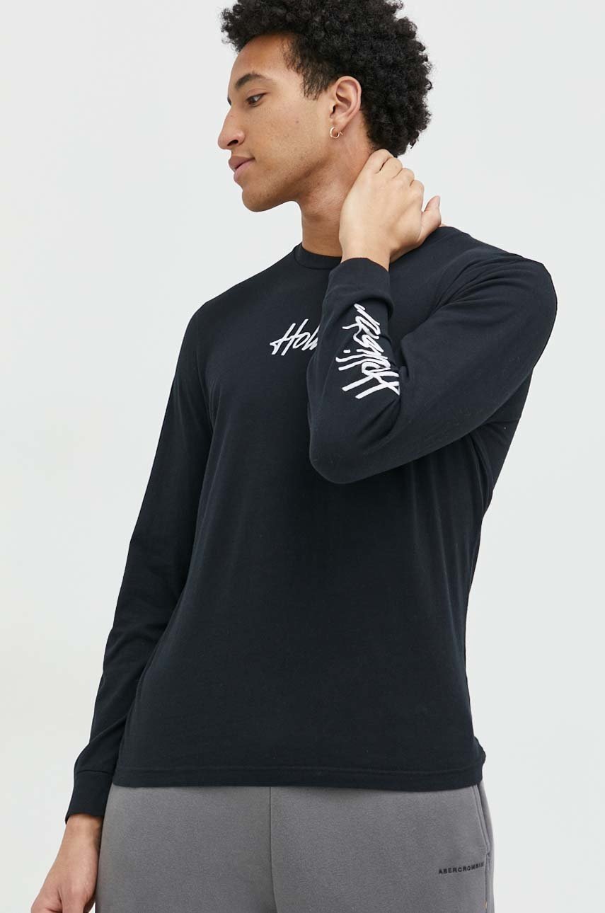 

Памучна блуза с дълги ръкави Hollister Co. в черно с апликация, Черен
