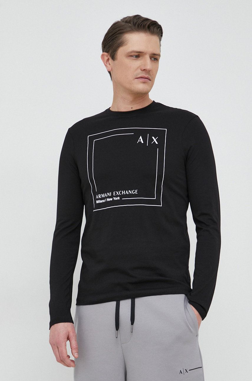 Bavlnené tričko s dlhým rukávom Armani Exchange čierna farba, vzorované
